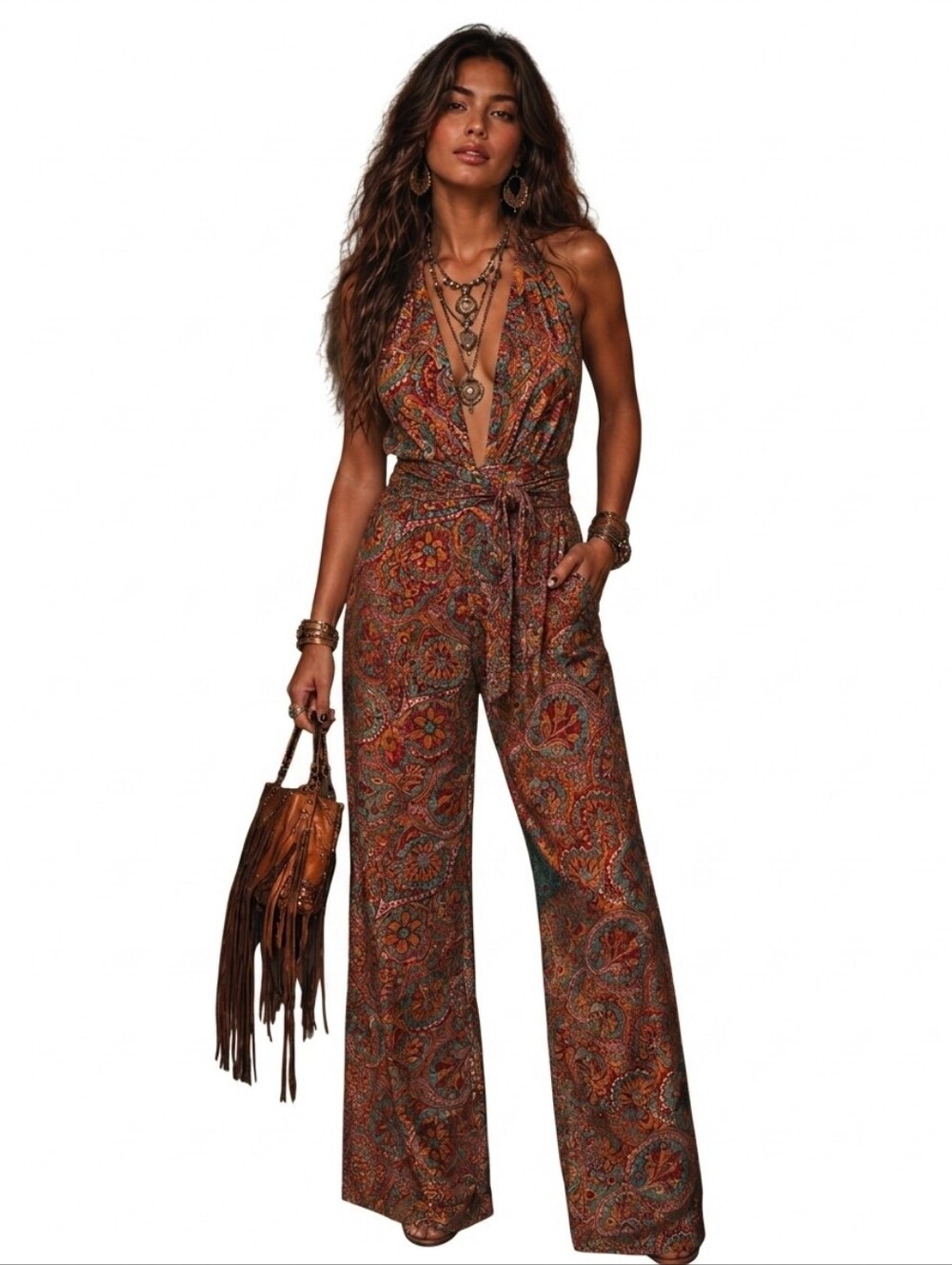 Boho Paisley Halter Jumpsuit Boho, Festival Wide Leg XL